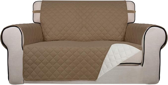 PureFit Reversible Quilted Sofa Cover, Water Resistant Medium Slipcover Furniture Protector, Washable Couch Cover with Non Slip Foam and Elastic Straps for Kids, Dogs, Pets (Loveseat, Camel/Ivory) | Camel/Ivory, Water Resistant Couch Protector, Washabl...