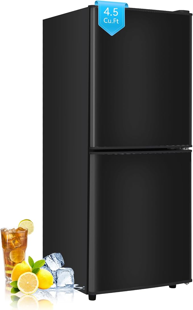 Compact Refrigerator with Freezer, 4.5 Cu. Ft. 2-Door Dorm Fridge, Black | Compact Refrigerator 7-Level Adjustable Thermostat, Glass Shelves, Small Refrigerator with Freezer for Home, RV, Office
