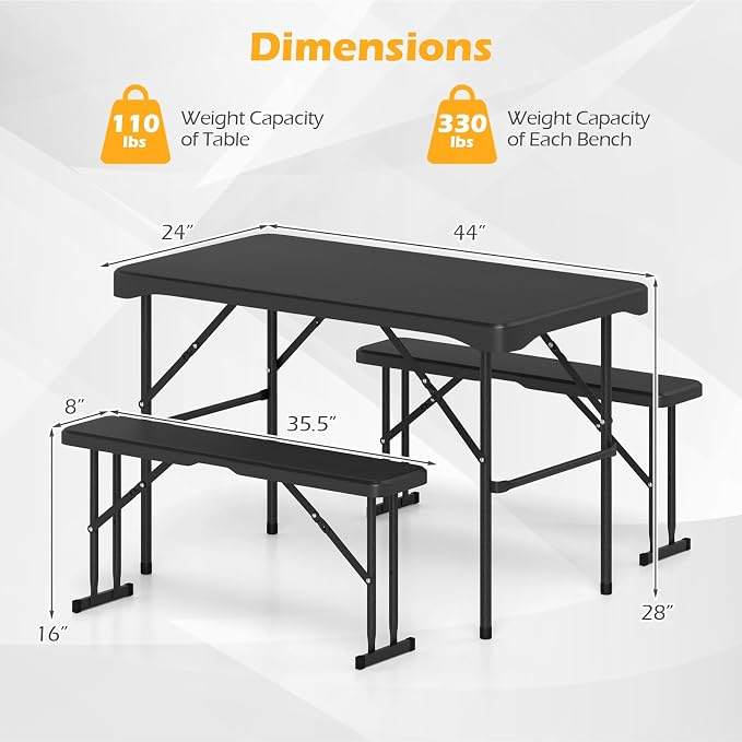 Giantex Folding Picnic Table Bench Set, Rectangular Patio Dining Table Set for 4, with HDPE Tabletop, Metal Frame, Space-Saving and Portable for Camping Party Dining BBQ (Black)