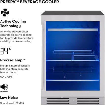 Zephyr Presrv 24 Inch Beverage and Wine Fridge Single Zone Under Counter, Built-in Drink Refrigerator, 7 Bottles, 108 x12oz Cans