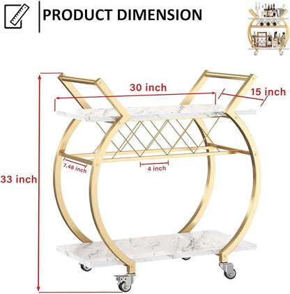 LVB Gold Bar Cart with Wheels, Modern White Marble Home Bar Serving Cart | Drink Cart with Wine Rack, Metal Wooden Beverage Cart, Rolling Kitchen Cart for Home Dining Room,Gold White Marble