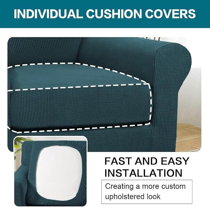 Turquoize 2 Piece Chair Covers Chair Slipcovers for Living Room Armchair Couch Cover Chair Sofa Cover with Individual Cushion Covers Furniture Cover for Chairs Feature Thick Fabric (Chair, Deep Teal)