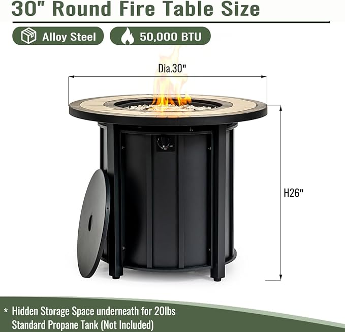 KEIKI 30 Inch Mosaic Ceramic Propane Fire Pit Table, Round Outdoor Gas Fireplace, Steel Patio Heater for Garden Deck
