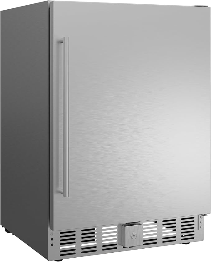 24 Inch Indoor/Outdoor Beverage Refrigerator 170 Cans, Stainless Steel Beverage Refrigerator for Undercounter Built-in or Freestanding, Lockable Door and Auto Defrost, Fast Cooling, Low Noise, 32-50℉