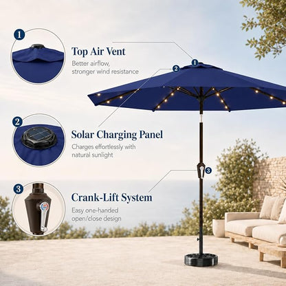 10FT Solar Patio Umbrella with Lights, Outdoor Table Market Umbrella with 32 LED Lights, 8 Sturdy Ribs, Push Button Tilt and Crank for Pool, Deck and Garden, UV-Resistant