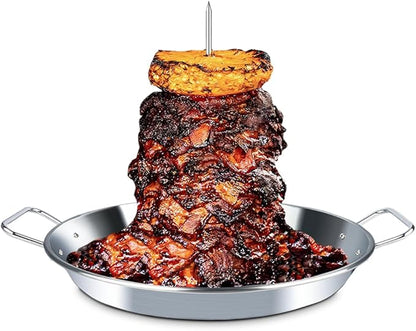 BBQ Vertical Skewer Al Pastor for Grill-Vertical Spit with 13" Base Pan for Tacos Al Pastor, Vertical Rotisserie Shawarma-Grilling Accessory with 3 Spikes (8”,10" and 12”)