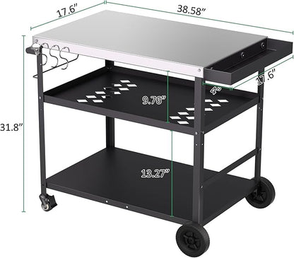 Spurgehom Outdoor Grill Cart, Pizza Oven Stand Table with Wheels Dining Cart for Outside Patio, Movable Kitchen Cooking Prep Table BBQ Cart with Mesh Racks for Home Party, Bar, Camping
