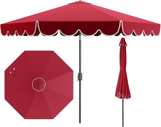 Tangkula 10 FT Patio Umbrella, 2-Tiers Scalloped Outdoor Table Market Umbrella with Tilt Adjustment, Crank, 8 Sturdy Ribs for Pool, Deck, Backyard (Red)