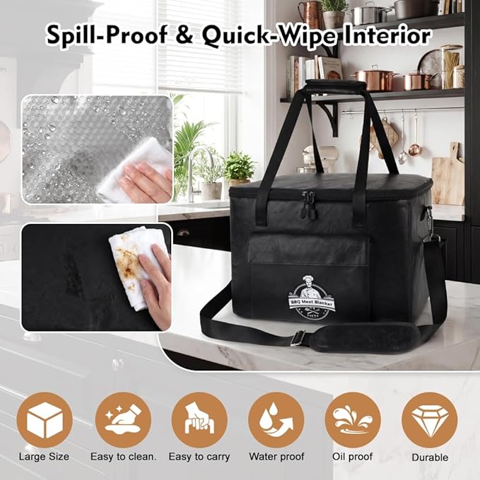 BBQ Blanket for Resting Meat, Reusable Insulated Brisket Resting Bag for BBQ, Meat Resting Bag for Brisket, Pork Shoulder and Turkey, Smoker Accessories, 16 x 10 x 10 Inch, Black