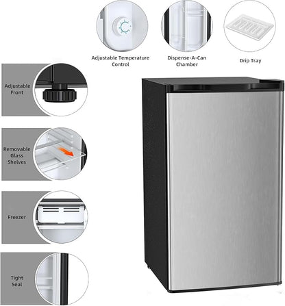 COWSAR 3.2 Cu.Ft Mini Fridge with Freezer, Freestanding Compact Refrigerator with Reversible Door & 7-Speed Thermostat, Small Fridge for Office, Apartment, Gameroom (STEEL)