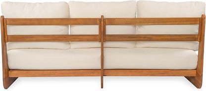 Merax Outdoor Acacia Wood Sofa with All-Weather Cushions, Patio Low 3-Seater Lounge Sofa for Porch, Lawn, Backyard, Balcony, Beige +Teak