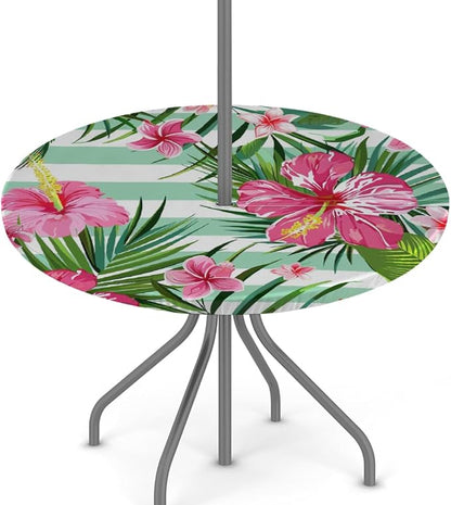 AUUXVA Round Outdoor Tablecloth with Umbrella Hole - Waterproof Patio Table Cover with Zipper Elastic Table Cloth Fits 45"-56" Tables for Party Cafe Garden Decor(Palm Leaf Flowers)