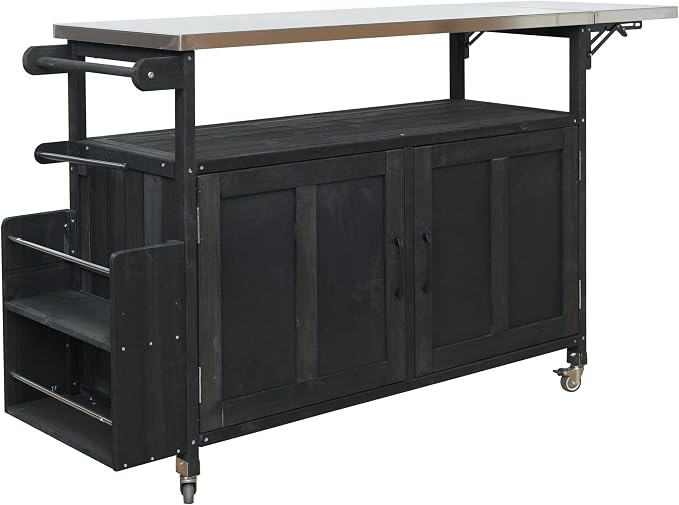 JIVOIT Outdoor Fir Wood Kitchen Island with Foldable Stainless Steel Top, Patio Mobile Kitchen Cart Portable Outdoor Cooking Island with Lockable Wheels, Storage Cabinet and Towel Rack (Black/124)