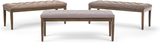 SIMPLIHOME Carmel 32" Wide Solid Acacia Wood Outdoor Chair in Sand Drift | Traditional tufted ottoman bench with carved legs; perfect footstool, footrest or bench for bedroom or entryway.