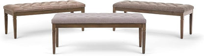 SIMPLIHOME Carmel 32" Wide Solid Acacia Wood Outdoor Chair in Sand Drift | Traditional tufted ottoman bench with carved legs; perfect footstool, footrest or bench for bedroom or entryway.
