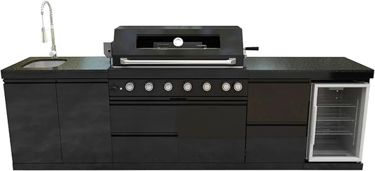 104" Modular Outdoor Kitchen Island With Grill And Side Burner, 4-burner 72,000 Btu Propane Bbq Island, Refrigerator, Separate Sink & Prep Station, For LP-Black 85000BTU/115 Inch