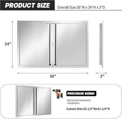 Stainless Steel Outdoor Kitchen Double BBQ Door Without Handle, 36W 24H Inch Kitchen Cabinet Grill Station or BBQ Island