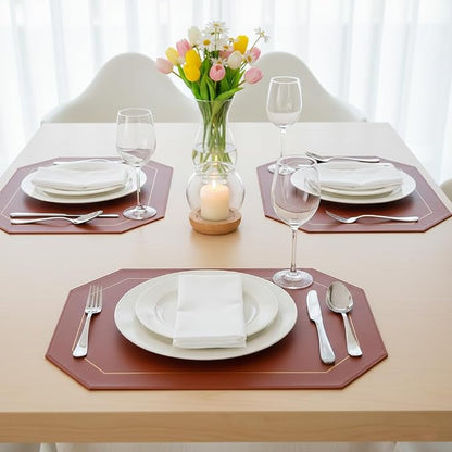 Oil-Proof Faux Leather Dual Sided Placemats Set of 4,Wipeable Table Protective Mats,Heat-Resistant Dining for Kitchen, Indoor Outdoor Use,Black&Red