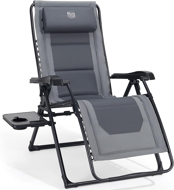 Timber Ridge Zero Gravity Chair, Oversized Lawn Chairs Outdoor Recliner Reclining Patio Lounge Chair with Adjustable Headrest and Side Table for Camping, Outdoor, Patio, Support 350lbs, Grey