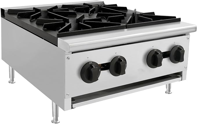 Commercial Gas Countertop Hot Plate Stove,Natural Propane Convertible Burner with Manual Control Valves,Standing Pilot Ignition,Cast Iron Grates,Adjustable Legs for Foodservice Prep (Silver,4 Burner)