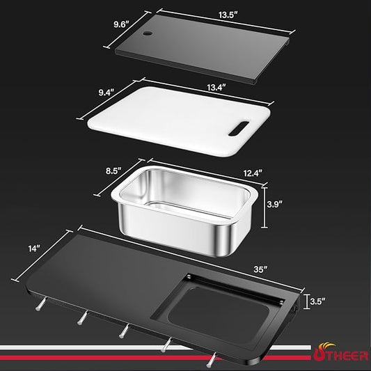 Utheer Front Folding Grill Table for Weber Searwood XL 600 – 35" x 12.5" Large Front Shelf with Stainless Steel Basin, Works Cutting Board, Lid & 5 Hooks, Heavy-Duty Weber Searwood XL 600 Accessories