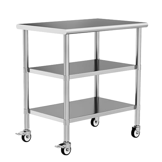 Stainless Steel Work Table with Wheels, 24x36 Inch NSF Kitchen Prep Table with 2 Adjustable Undershelves for Commercial Restaurant, Garage, Outdoor BBQ