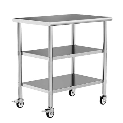 Stainless Steel Work Table with Wheels, 24x36 Inch NSF Kitchen Prep Table with 2 Adjustable Undershelves for Commercial Restaurant, Garage, Outdoor BBQ