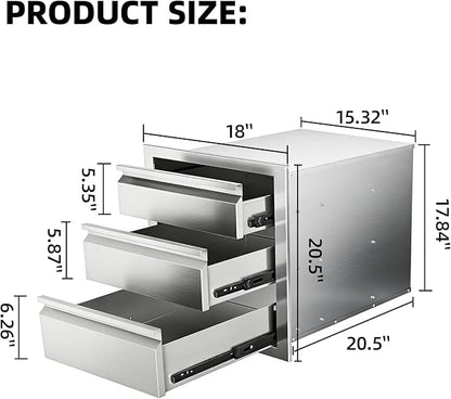 Outdoor Kitchen Drawers 18" x 20.5" x 20.5" Stainless Steel Triple Drawer Cabinet, Flush Mount Modular Storage for BBQ Islands & Patios