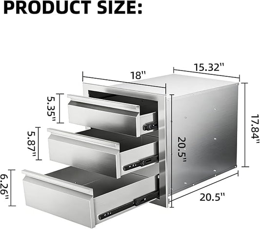 Outdoor Kitchen Drawers 18" x 20.5" x 20.5" Stainless Steel Triple Drawer Cabinet, Flush Mount Modular Storage for BBQ Islands & Patios