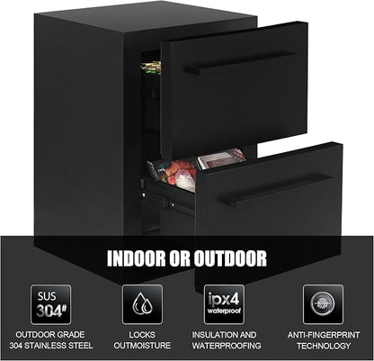 24Inch Double Drawer Refrigerator with Freezer,Under Counter Beverage Fridge for Indoor Outdoor Kitchen, Waterproof Black Stainless Steel Freezer for Freshness & Freezing Meat (-0.4℉ to 50℉)