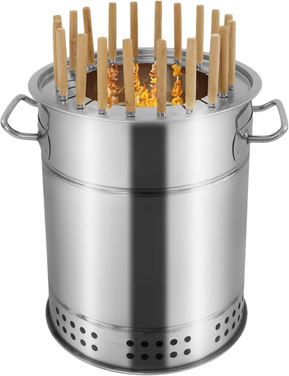 Smokeless Barbecue Charcoal Barrel Grill,Portable Stainless Steel BBQ Grill with 30 Skewers,for 20 Skewers,Includes Oil Drip Tray & Ash Catcher,for Outdoor Camping Picnic Backyard Patio Party