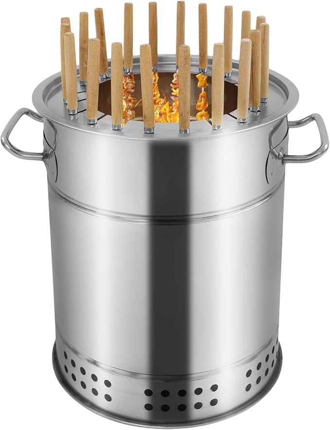 Portable Smokeless Charcoal Grill, Stainless Steel Barrel Kebab Grill with 30 Skewers, Outdoor Barbecue Grill for Camping, Picnic, Party and Backyard BBQ