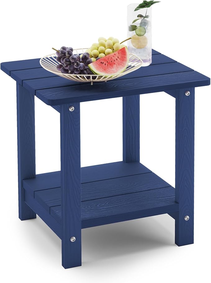 LUE BONA Outdoor Side Table, 2-Tier HDPS Small Patio Table, Navy | 2-Tier Shelf for Extra Storage, Small End Table for Pool, Porch, Balcony, Weather Resistant HDPS, Easy Clean