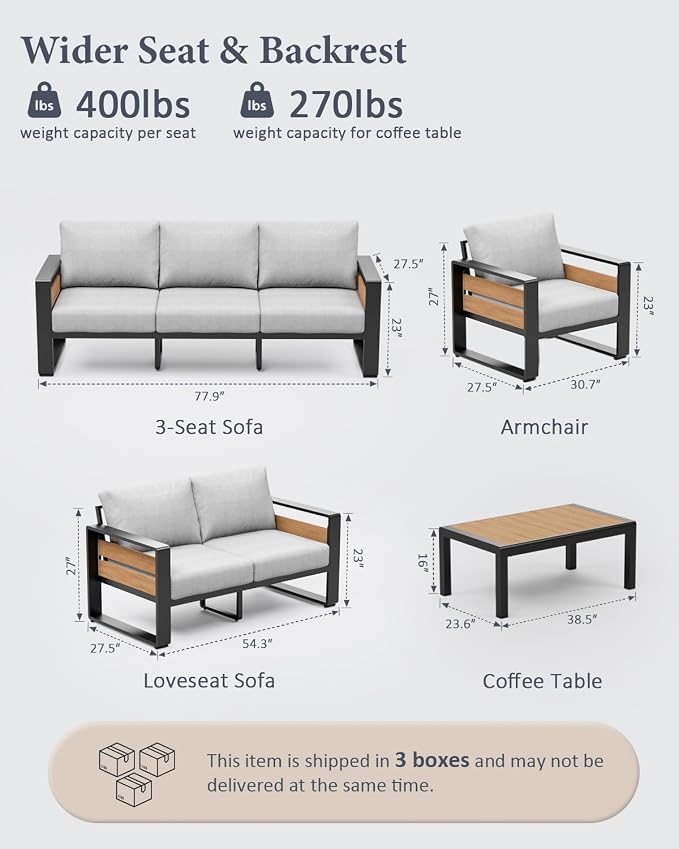 ZANDOR Aluminum Outdoor Patio Furniture Set with Table,4 Seat, Grey | Rustproof,High weight capacity,Water-repellent,Washable Cover,All-Weather Resistant,Easy clean,for Poolside Backyard Deck