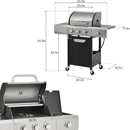 Endark 3-burner propane grill, 40,500 BTU with side-fire function. Stainless steel, enameled cast iron grate, thermometer, wheels. Perfect for patio and garden cooking