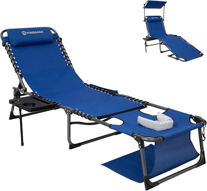 FUNDANGO 4 in 1 Tanning Chair with Face Hole, Beach Lounge Chair with Canopy Shade & Side Table Chaise Lounge Chairs for Patio, Pool, Lawn, Sunbathing, 5-Position Adjustable Sun Lounger, Blue