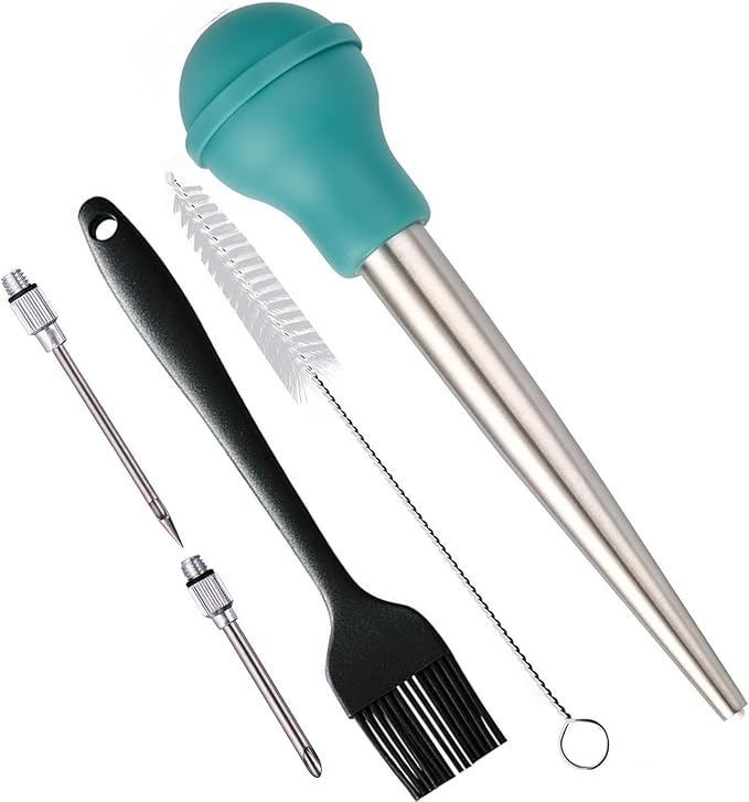 Turkey Baster, Stainless Steel Baster Syringe Meat Injector Baster Set with 2 Needles&2 Cleaning Basting Brush, 18/8 Steel Turkey Baster for Flavor Meat Poultry, Beef & Chicken Cooking Teal
