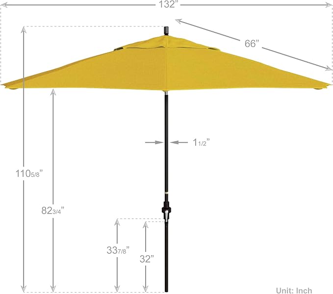 California Umbrella 11Ft Premium Patio Umbrella, Hand-Crank, Tilt-Collar, Bronze Frame, Solution Dyed Lemon Fabric