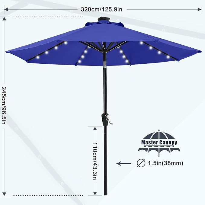 MASTERCANOPY 11ft Patio Umbrella with Solar Lights, Blue | 8 Ribs, 32 Solar LED Lights, Tilt & Crank, UV/Water-Resistant, Easy Setup – Ideal for Garden, Deck, Pool