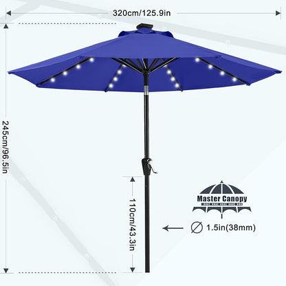 MASTERCANOPY 11ft Patio Umbrella with Solar Lights, Blue | 8 Ribs, 32 Solar LED Lights, Tilt & Crank, UV/Water-Resistant, Easy Setup – Ideal for Garden, Deck, Pool