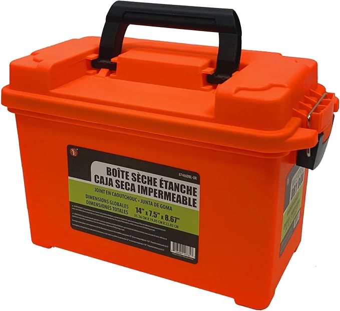 SE Waterproof Dry Box with Detachable Lid – 14" x 7.5" x 8.67" Orange Storage Case with Rubber Gasket Seal, Snap Closures & Handle for Camping, Boating, Fishing Gear & Outdoor Protection - 87466DBL-OR