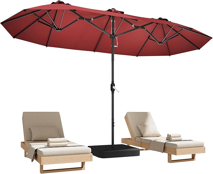 15ft Red Patio Umbrella with Base Included,Rectangle Double Extra Large Table Umbrella Outdoor Giant Umbrella for Porch Pool Lawn Deck,Market,Backyard Outside,Burgundy Red