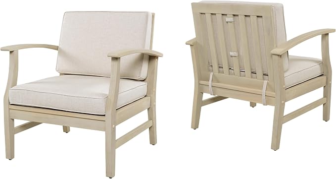 Christopher Knight Home Perla Acacia Wood Lounge Chair Outdoor Set of 2 with Removable Cushion, Wooden Patio Accent Chair, Patio Garden Comfy Reading Chair, Sand/Beige