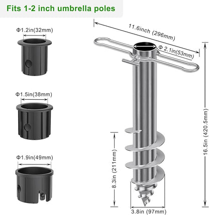 Dolibest Beach Umbrella Sand Anchor, Heavy-Duty Steel Beach Umbrella Holder with 3 Sleeves (Fits 1-2" Poles), Windproof Beach Umbrella Stake, Fully Welded Spiral Base Design for Ultimate Stability