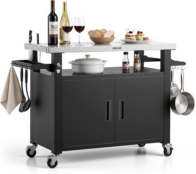 VEVOR Outdoor Grill Cart with Storage Cabinet, 53.1 Inch Grill Table, Waterproof Kitchen Island with Stainless Steel Top, Shelf, and Wheels, Movable Food Prep Station for Patio Bar Backyard BBQ