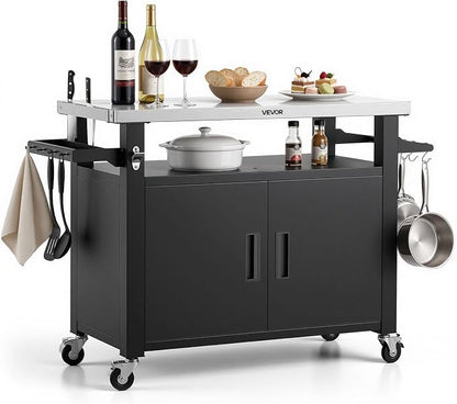 VEVOR Outdoor Grill Cart with Storage Cabinet, 53.1 Inch Grill Table, Waterproof Kitchen Island with Stainless Steel Top, Shelf, and Wheels, Movable Food Prep Station for Patio Bar Backyard BBQ