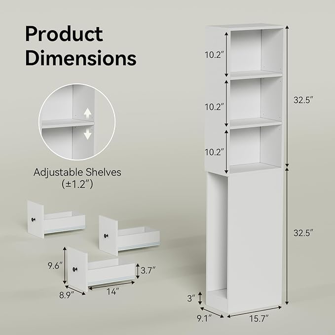 ARTETHYS Storage Cabinet Tall Narrow Bathroom Organizer Set of 2 with 3-Level Adjustable Shelves Slim Free Standing Space Saver for Living Room Kitchen, Classic White
