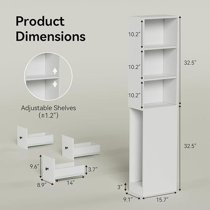 ARTETHYS Storage Cabinet Tall Narrow Bathroom Organizer Set of 2 with 3-Level Adjustable Shelves Slim Free Standing Space Saver for Living Room Kitchen, Classic White