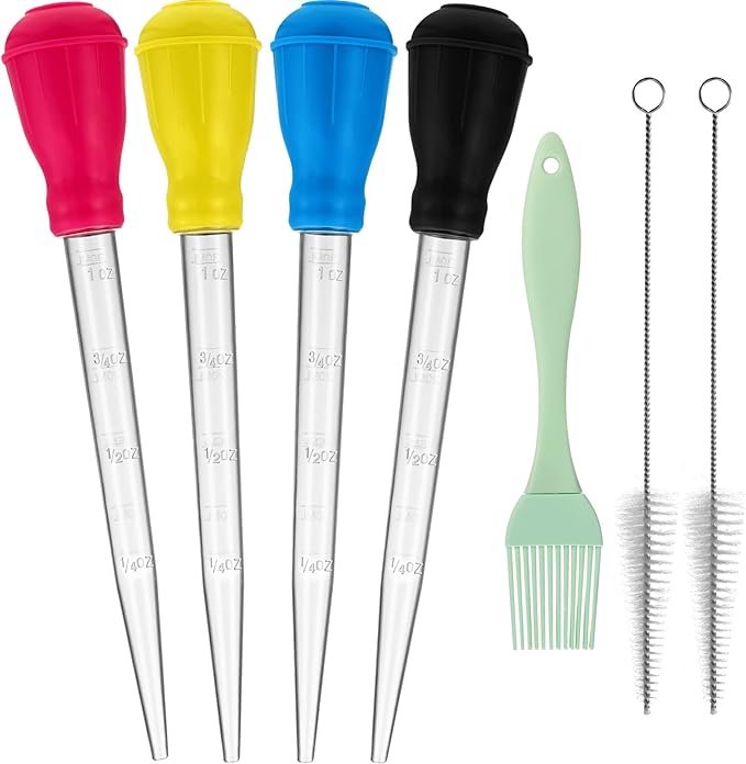 Boao 7 Pcs Large Turkey Baster Cooking Set, Includes 4 Nylon Heat-Resistant Meat Baster, 1 Silicone Basting Brush and 2 Cleaning Brush for Camping Picnic BBQ Grill Baking Kitchen, Multicolor
