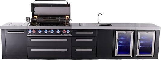 Mont Alpi Black Stainless Steel 157"W Modular Outdoor Kitchen Island + 2 Refrigerators + Faucet & Sink + 44"W 6-Burner BBQ Grill + Side Burner + Granite Countertops + Storage + Rotisserie + Full Cover